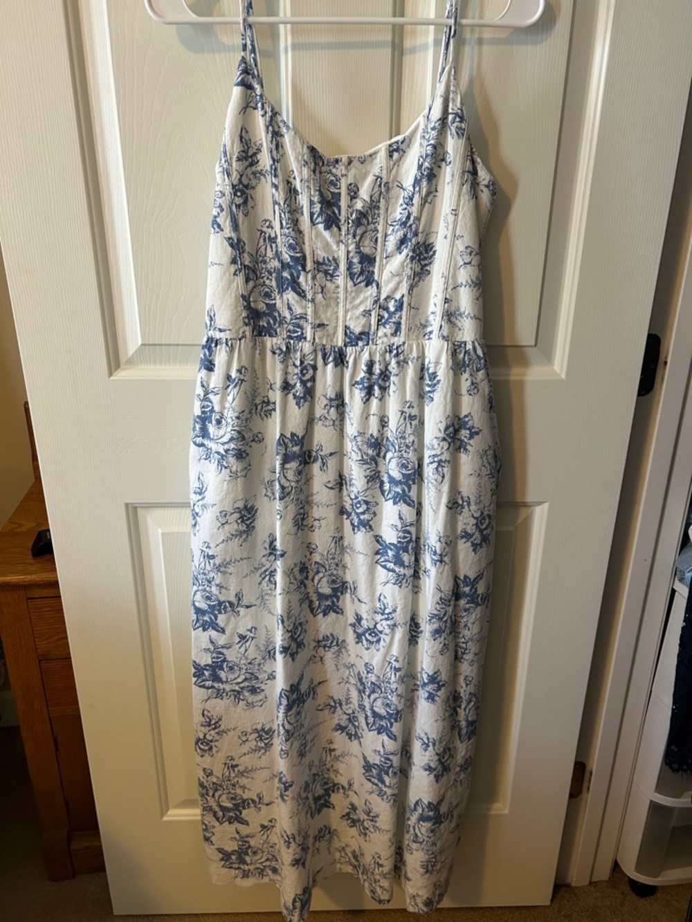 Wayf Blue and White Floral Spaghetti-Strap Maxi Dress
